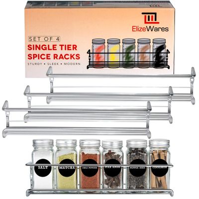 ElizeWares Wall Mount Spice Rack Organizer for Cabinet Door - Set of 4 Hanging Spice Shelves in Chrome- 11.5 x 2.5 x 2.5 Inches.