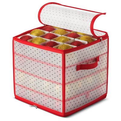 ZOBER Christmas Ornament Storage Box Plastic - Stores 64 3" Ornaments with Individual Trays - Ornament Organizer Storage Box, Durable Christmas Containers Holder - Red