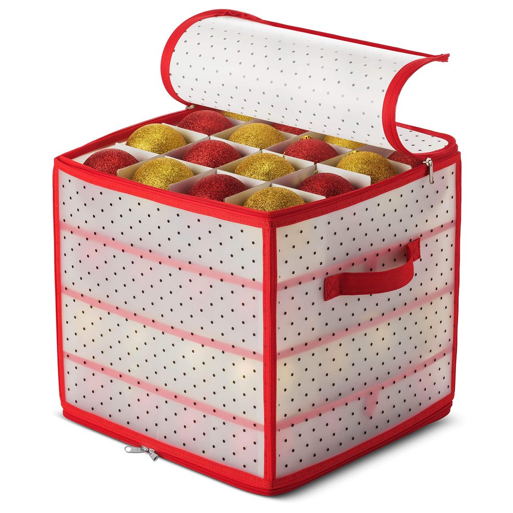 ZOBER Christmas Ornament Storage Box Plastic - Stores 64 3" Ornaments with Individual Trays - Ornament Organizer Storage Box, Durable Christmas Containers Holder - Red