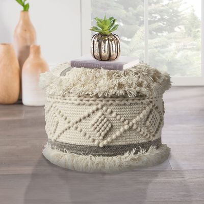LR Home Indoor Wool Blend Farmhouse Geometric Ottoman Pouf | Cream/Gray,18" x 18" x 14"