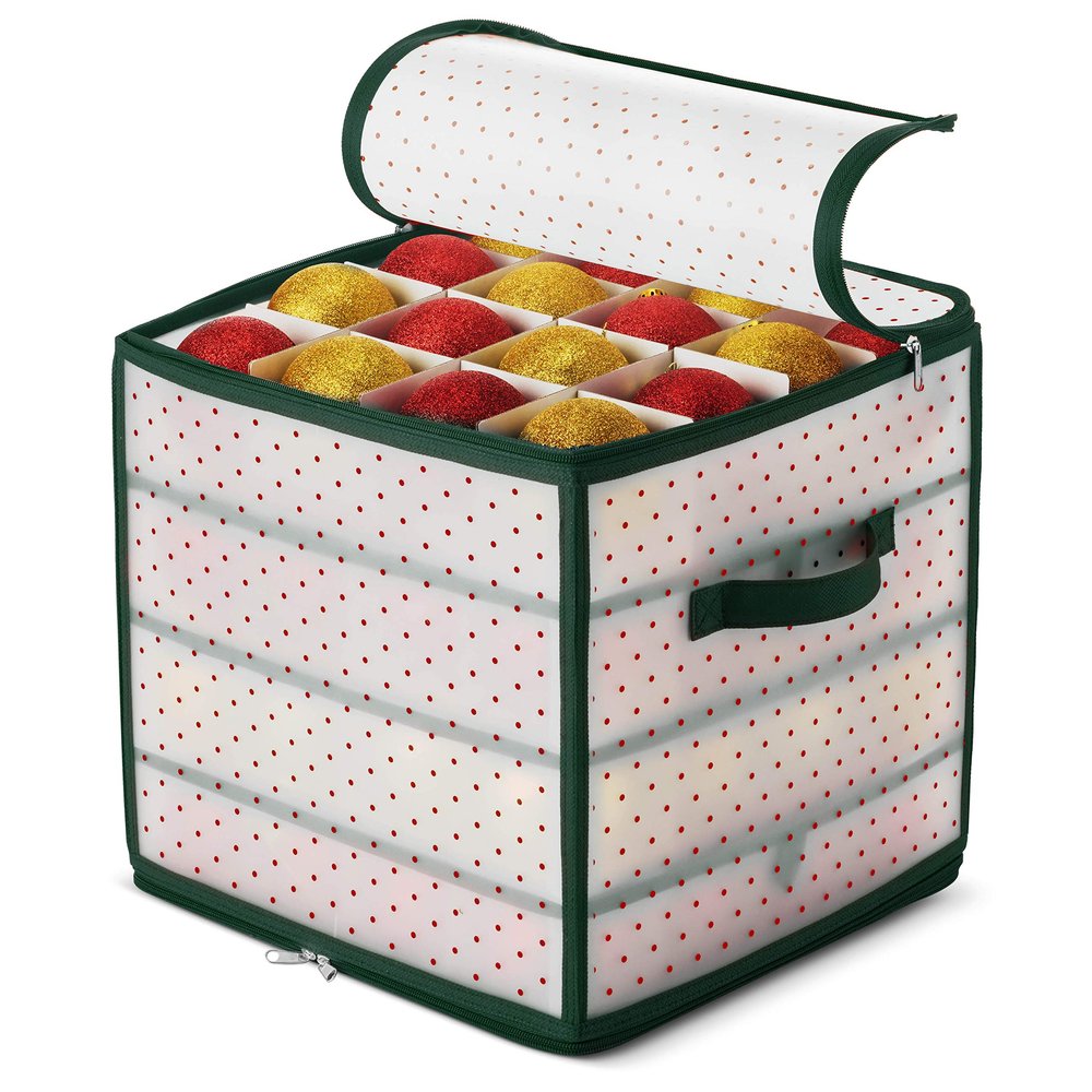 ZOBER Christmas Ornament Storage Box Plastic - Stores 64 3" Ornaments with Individual Trays - Ornament Organizer Storage Box, Durable Christmas Containers Holder - Green