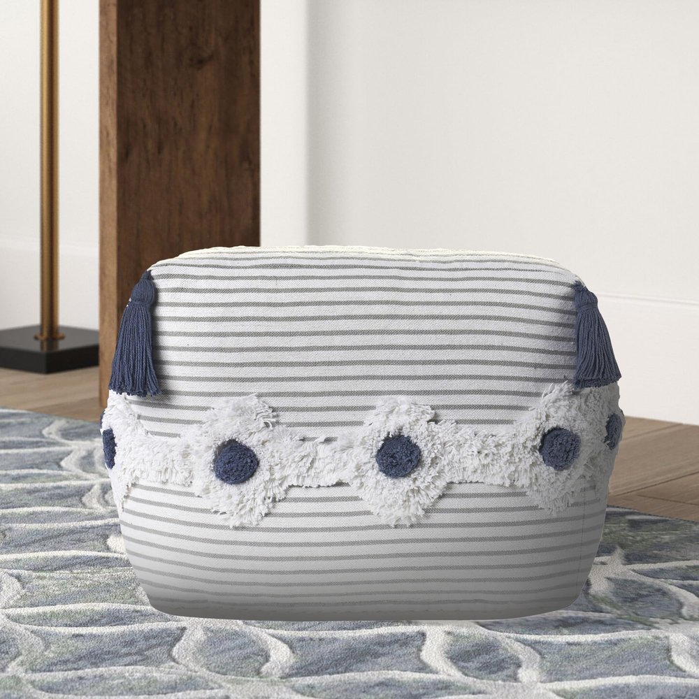 LR Home Gray/White/Blue Striped Cotton Square Ottoman Pouf for Home Decor | Hand-Made Contemporary Foot Rest for Bedroom & Living Room Decor | 18 x 18 x 14 Stuffed Ottoman for Seating