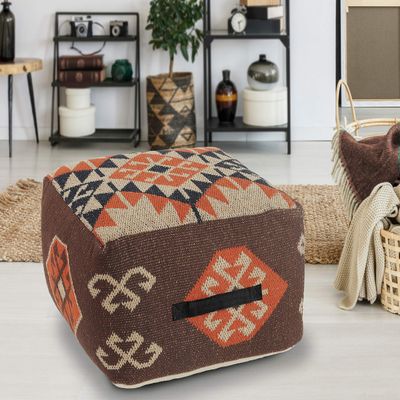 L. R. Resources, Inc. LR Home Handmade Bohemian Brown/Orange Cotton Square Pouf Ottoman for Home Decor | Indoor Foot Rest for Bedroom & Living Room Decor | 18 x 18 x 12 Stuffed Ottoman for Seating