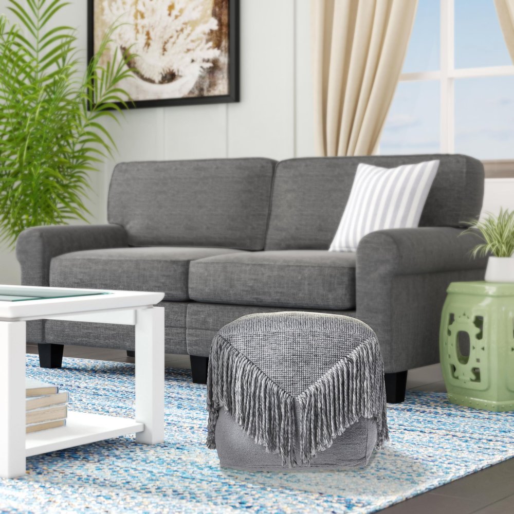 LR Home Gray Distressed Wool Blend Square Ottoman Pouf for Home Decor | Hand-Made Modern Foot Rest for Bedroom & Living Room Decor | 18 x 18 x 18 Stuffed Pouf for Seating
