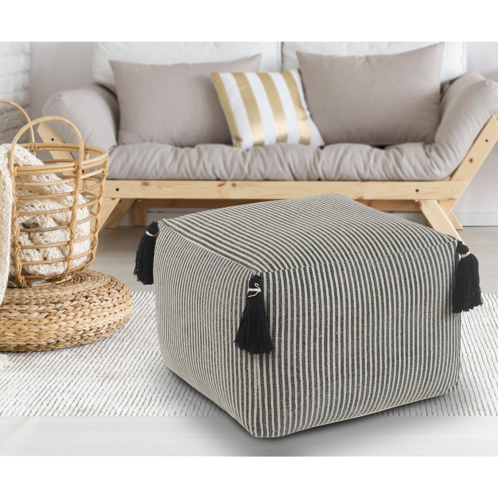 LR Home Handmade Contemporary Striped Gray/Ivory Cotton Pouf Ottoman for Home Decor | Farmhouse Foot Rest for Bedroom & Living Room Decor | 18 x 18 x 14 Stuffed Ottoman for Seating
