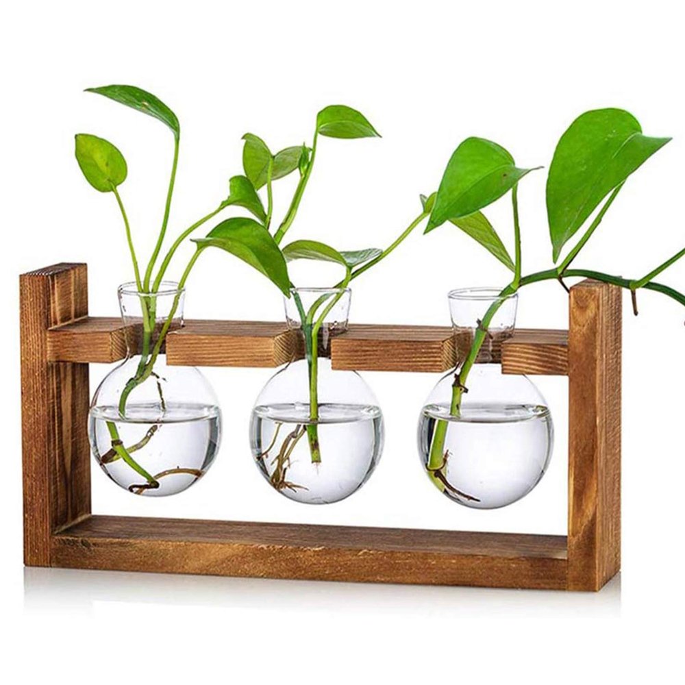 Kingbuy Glass Plant Terrarium with Retro Wood Stand 3 Bulbs Propagation Station, Indoor Garden Planter & Bulb Vase, Desktop Decor for Home Kitchen Wedding, Gift for Women and Plant Lovers