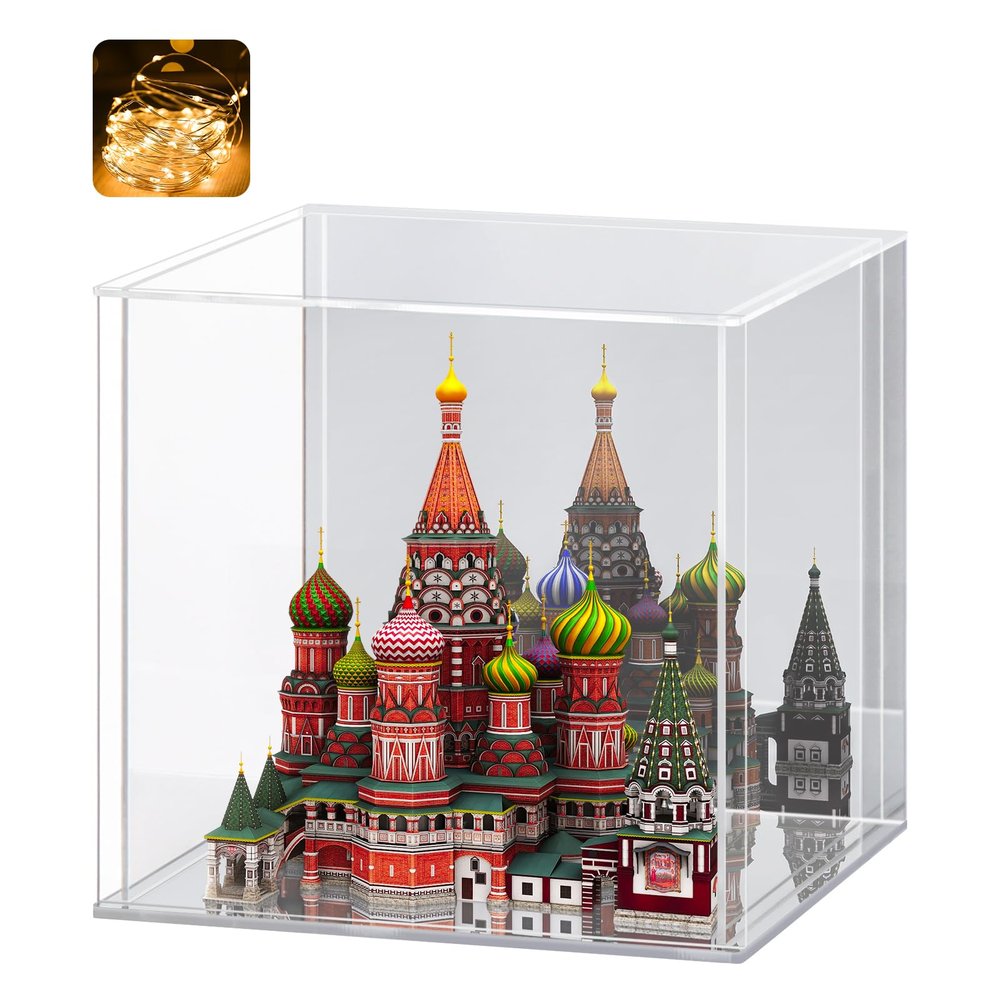 LASOA Acrylic Display Case for Collectibles  Clear Display Box with Mirrored Back and Base, Self-Assembly Showcase for Figurines, Models, and Memorabilia, 11x11x11inch