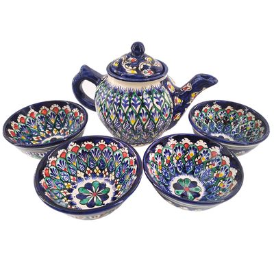 Beautiful Blue Handmade Uzbek 5-Piece Clay Tea Set 23.6 Oz Teapot With Four 6.7 Oz Cups Uzbekistan Pottery Traditional Products + FREE Uzbek Food Recipe Ebooks