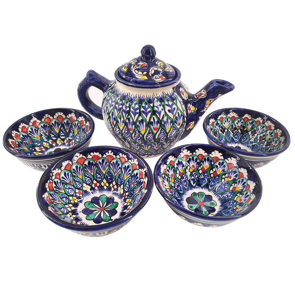 Beautiful Blue Handmade Uzbek 5-Piece Clay Tea Set 23.6 Oz Teapot With Four 6.7 Oz Cups Uzbekistan Pottery Traditional Products + FREE Uzbek Food Recipe Ebooks