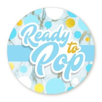 Ready to Pop Baby Shower Stickers | Blue and Faux Gold Polkadot | 48 Stickers - 1.67 Inches Round | Ready to Pop Baby Shower Labels | Baby Shower Stickers for Boys