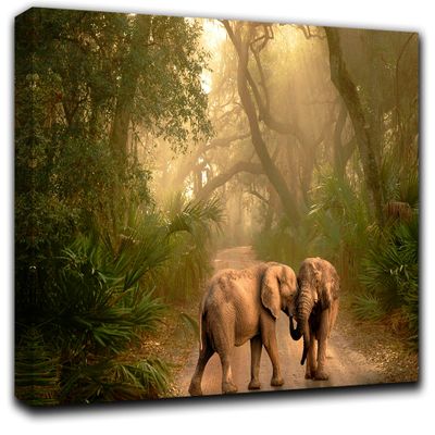 Elephants in Rainforest Wall Art Decor Picture Painting Poster Print on Canvas Panels Pieces - Nature Theme Wall Decoration Set - Wilde Nature Wall Picture for Creative Space 33 by 50 in