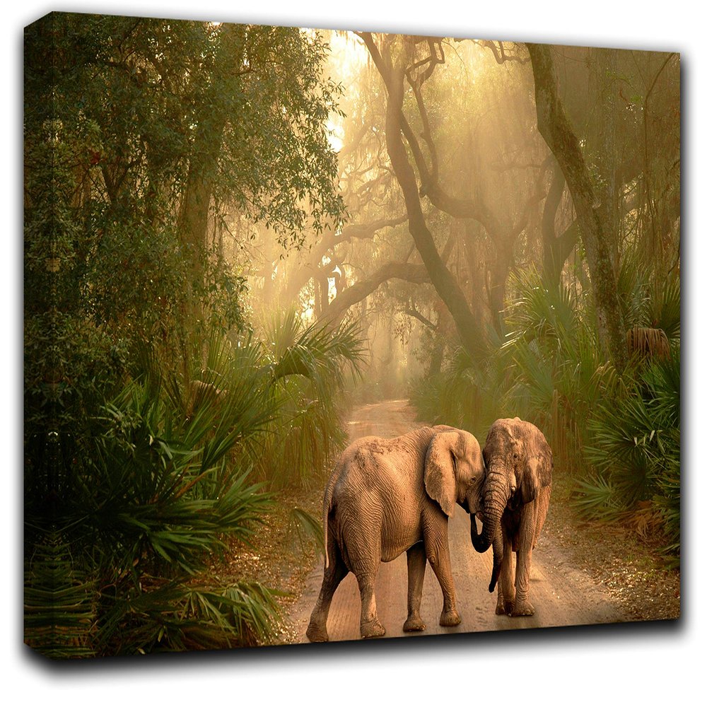 Elephants in Rainforest Wall Art Decor Picture Painting Poster Print on Canvas Panels Pieces - Nature Theme Wall Decoration Set - Wilde Nature Wall Picture for Creative Space 33 by 50 in