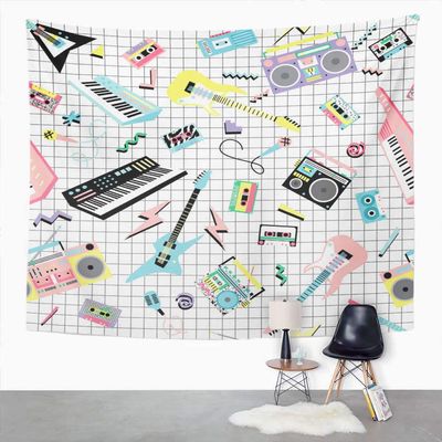 Suklly Tapestry Wall Hanging Music Retro 80S 90S Musical Instruments and Cassette Players Home Decor Polyester Living Bedroom Dorm 60 X 80 Inches Picnic Mat Beach Towel Bed Cover