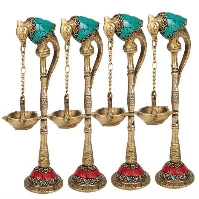 Brass Diya for Puja Room Large Size Parrot Oil Diya Hanging in Chain from Beak in Colored Stone Feng Shui Gift Puja Pack of 4