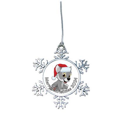 Wolf Pup in Santa Hat Christmas Silver Choose Snowman Snowflake or Bulb (Snowflake)