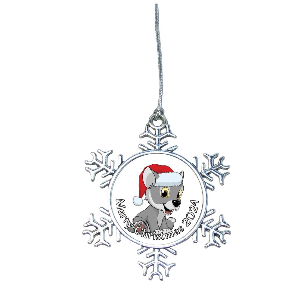 Wolf Pup in Santa Hat Christmas Silver Choose Snowman Snowflake or Bulb (Snowflake)