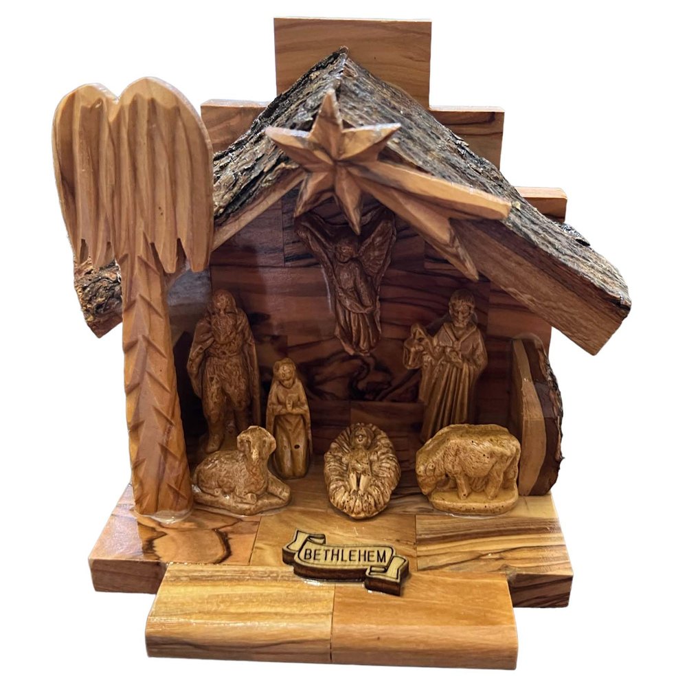 Carved from Bethlehem Olive Wood Christmas Nativity Story Set with Stable (Alabaster Set)