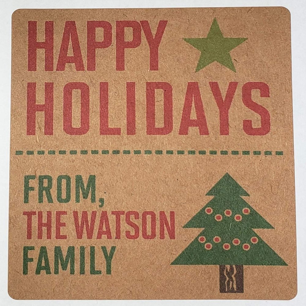 PERSONALIZED HAPPY HOLIDAYS Wine Bottle or Gift Labels on Kraft (12, 3.5"W X 4"H)