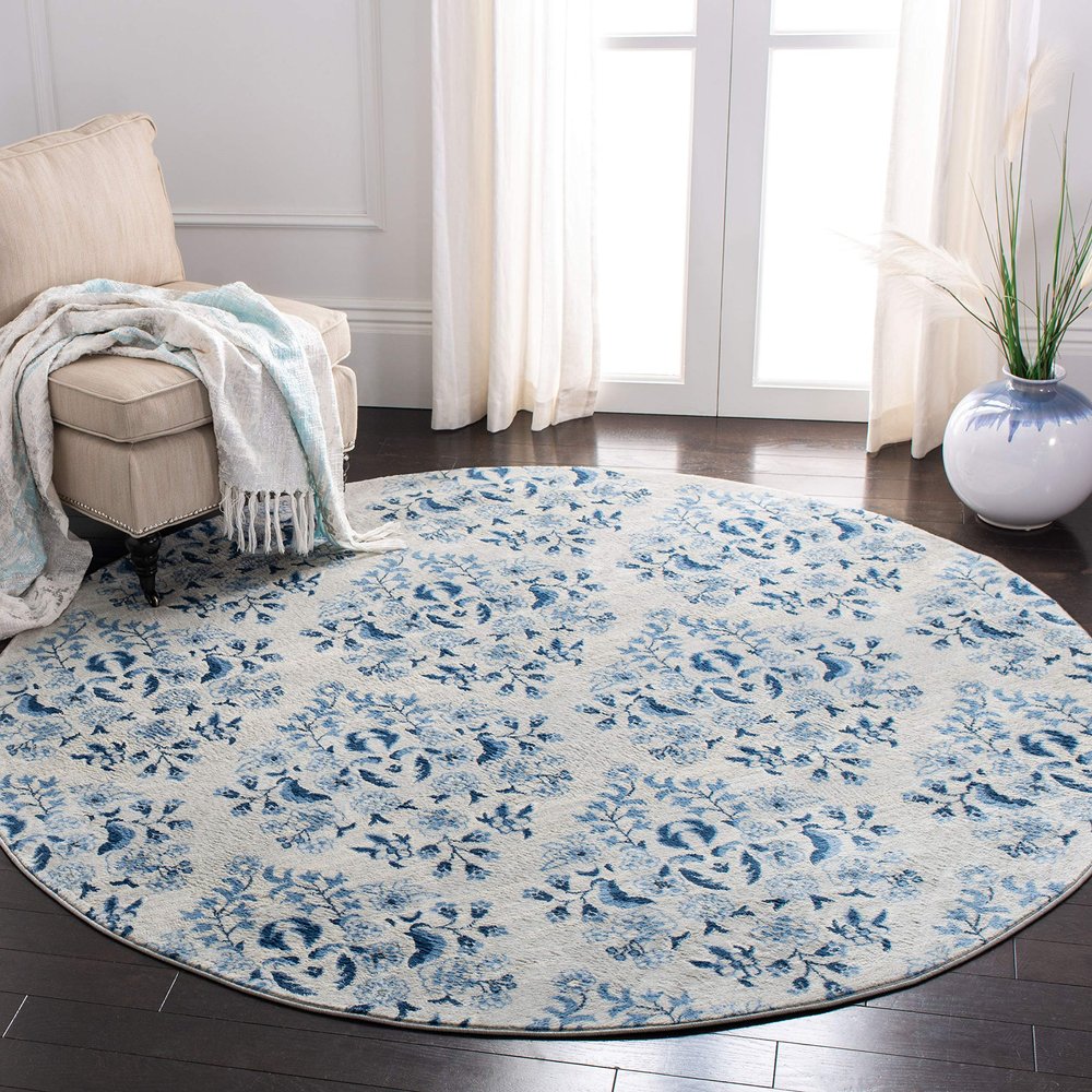 Martha Stewart x SAFAVIEH Area Rug Collection - 6'7" Round, Cream & Blue, Floral Pattern, Non-Shedding & Easy Cleaning, Ideal for Living Room, Bedroom, Office, Dining Space (MSR2856D)