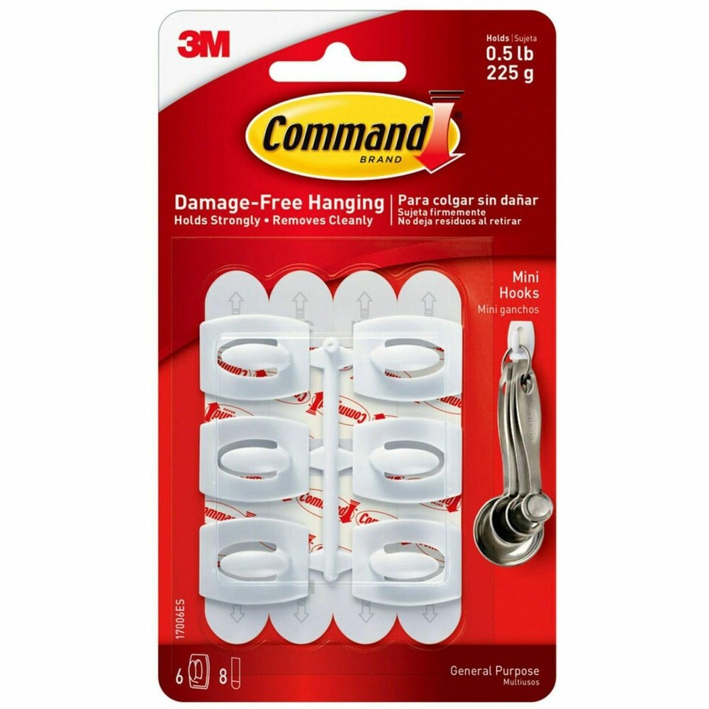 Command 0.5 lb Capacity Mini Hooks, Indoor Use, 6 hooks, 8 strips, White (17006-ES), 10 Pack