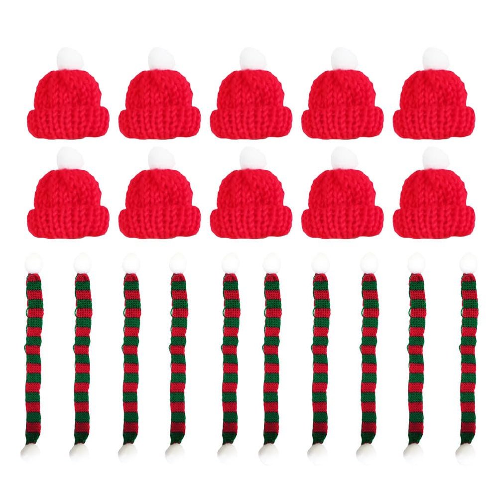 Amosfun 20pcs Mini Santa Hats for Crafts Tiny Santa Hats Christmas Mini Knit Hat Scarf Xmas Tree Ornaments Miniature DIY Hair Accessories Crafts Cute Doll Hat Jewelry Making