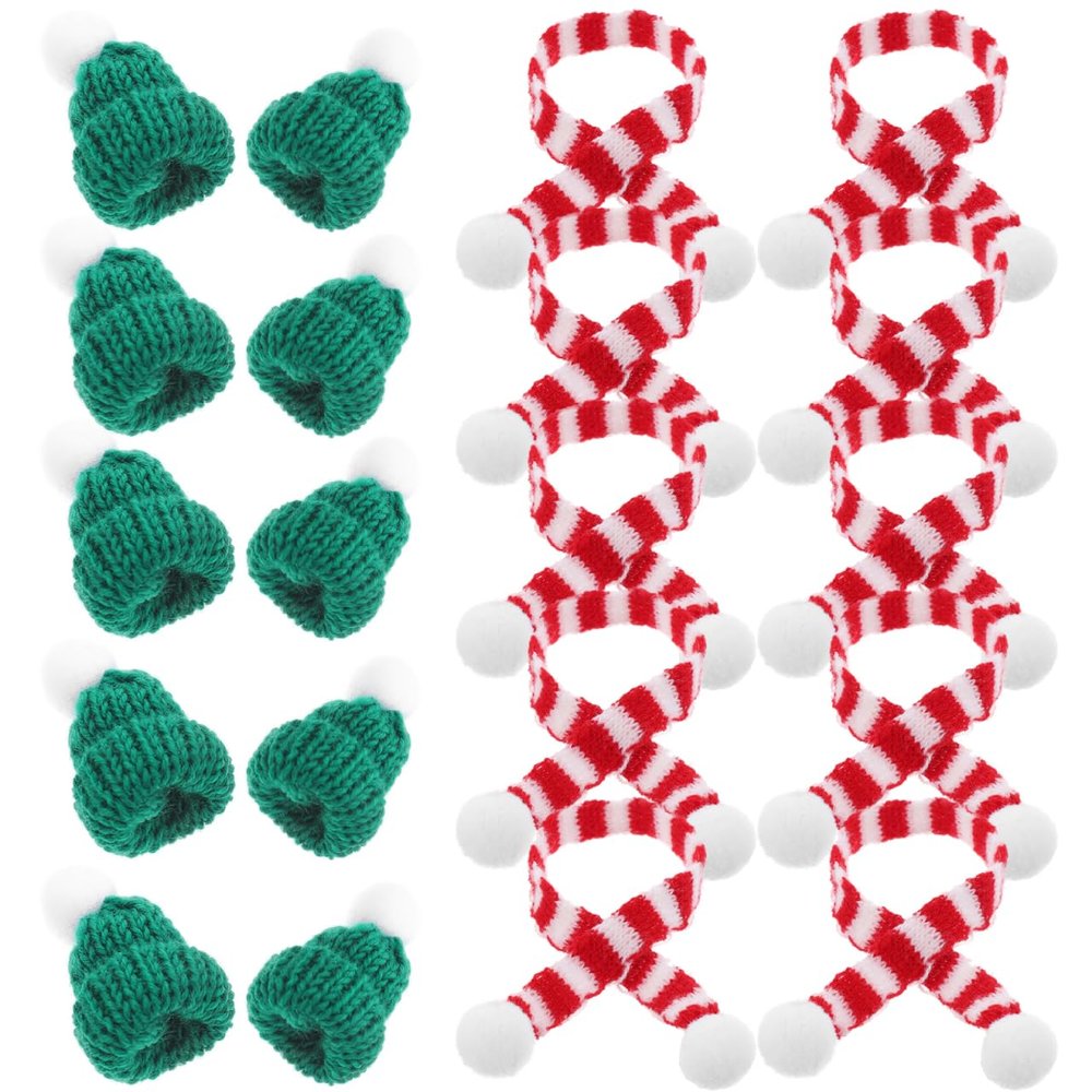 Amosfun 20pcs Christmas Mini Knit Hat Scarf Xmas Tree Ornaments Miniature DIY Hair Accessories Crafts Cute Doll Hat Jewelry Making