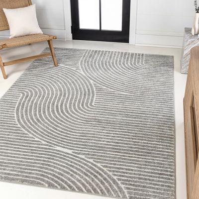 JONATHAN Y Hallie High-Low Curve Gray/Ivory Indoor/Outdoor Area Rug, 4x6, Minimalist, Pet Friendly, Non-Shedding, Stain Resistant, Hose-Washable for Backyard, Patio, Porch (SCN100A-4)