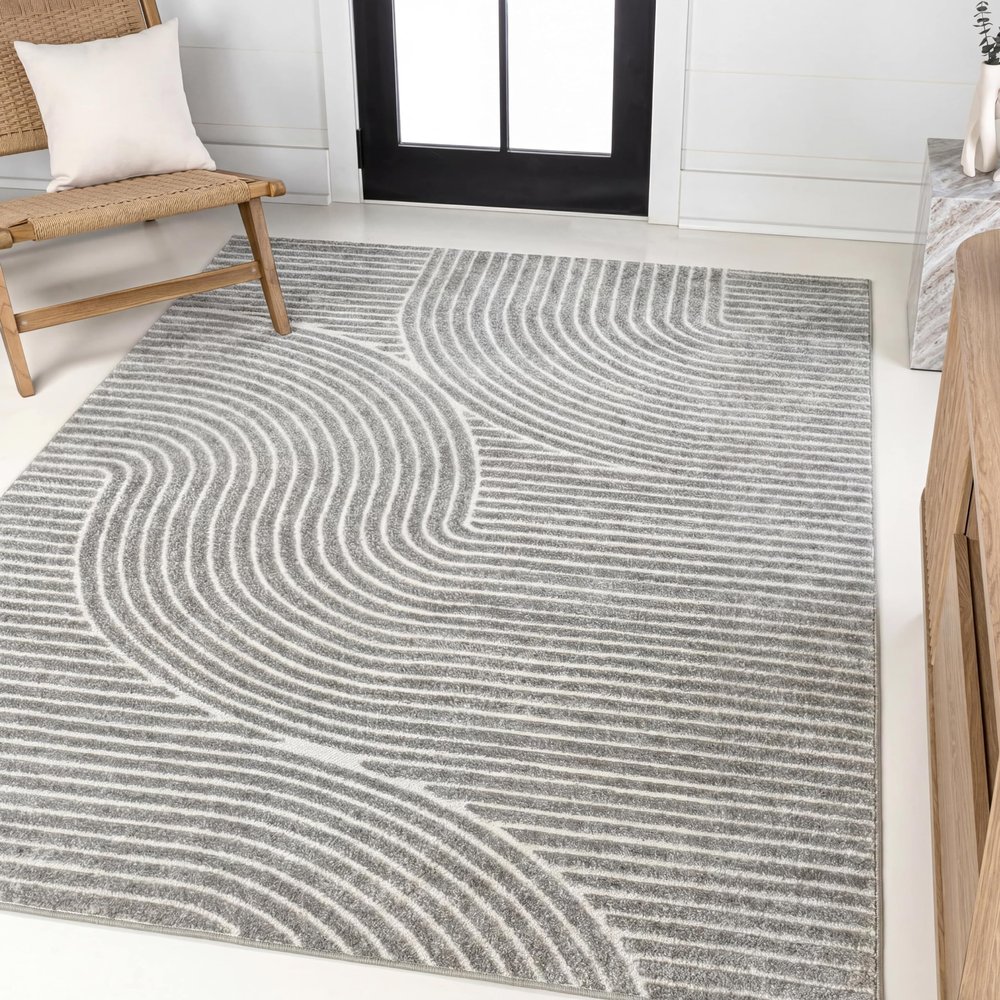 JONATHAN Y Hallie High-Low Curve Gray/Ivory Indoor/Outdoor Area Rug, 4x6, Minimalist, Pet Friendly, Non-Shedding, Stain Resistant, Hose-Washable for Backyard, Patio, Porch (SCN100A-4)