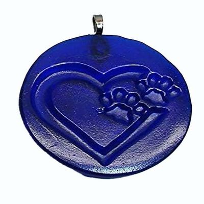 Cat Paw Heart Up-Cycled Cobalt Blue Wine Bottle Bottom Sun Catcher Christmas Ornament