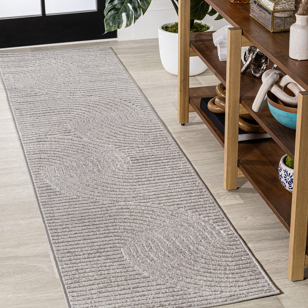 JONATHAN Y Hallie High-Low Curve Gray/Ivory Indoor/Outdoor Runner Rug, 2x8, Minimalist, Pet Friendly, Non-Shedding, Stain Resistant, Hose-Washable for Backyard, Patio, Porch (SCN100A-28)