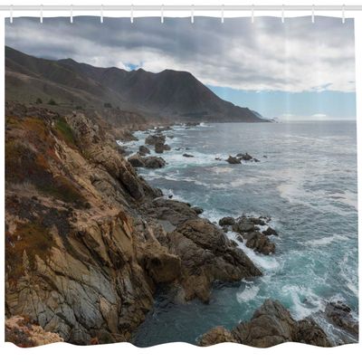 Ambesonne Big Sur Shower Curtain, Overcast Sky Along The Central Coast Rocky Cliffs and Rough Ocean, Cloth Fabric Bathroom Decor Set with Hooks, 69" W x 84" L, Cocoa Blue