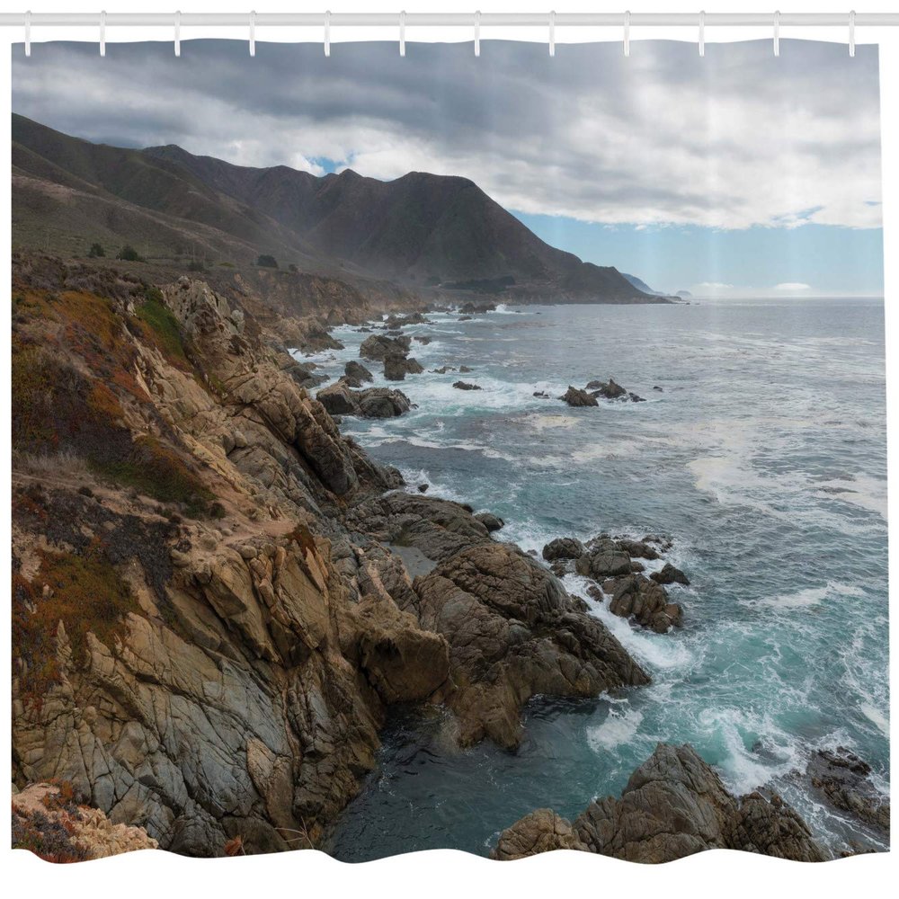Ambesonne Big Sur Shower Curtain, Overcast Sky Along The Central Coast Rocky Cliffs and Rough Ocean, Cloth Fabric Bathroom Decor Set with Hooks, 69" W x 84" L, Cocoa Blue