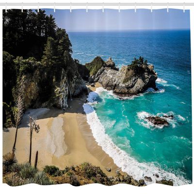 Ambesonne Big Sur Shower Curtain, Pfeiffer State Park in USA Tropic Coastal View Aerial Look Ocean and Beach, Cloth Fabric Bathroom Decor Set with Hooks, 69" W x 84" L, Teal Beige Brown