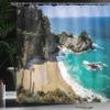 Ambesonne Big Sur Shower Curtain, Pfeiffer State Park in USA Tropic Coastal View Aerial Look Ocean and Beach, Cloth Fabric Bathroom Decor Set with Hooks, 69" W x 84" L, Teal Beige Brown view 2