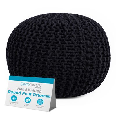 BIRDROCK HOME Round Pouf Ottoman | Cotton Braided Foot Stool with Bean Bag Filling | Boho Foot Rest for Living Room & Bedroom | Compact & Comfortable Seating, Lightweight & Soft | Black