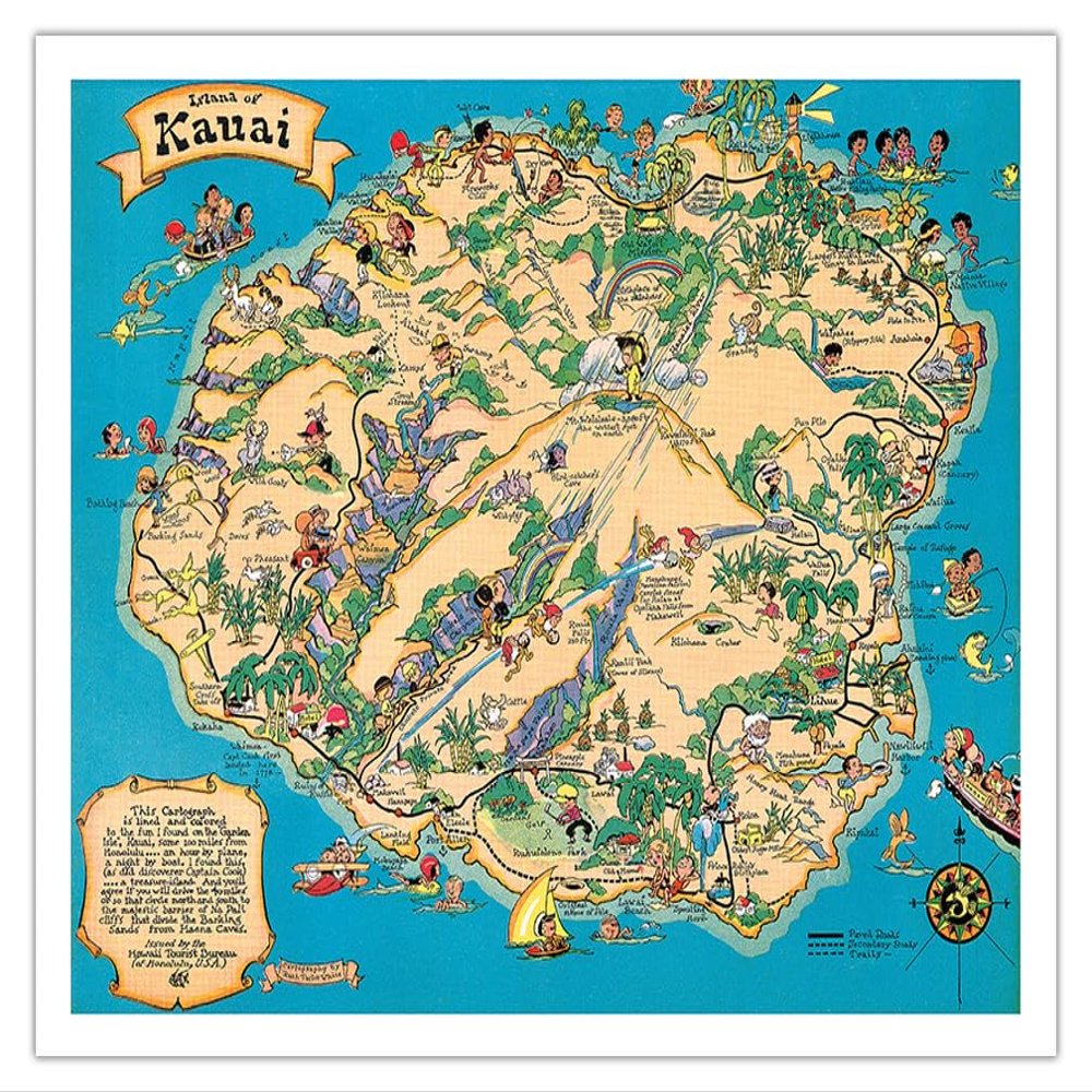 Hawaiian Island of Kauai Map - Hawaii Tourist Bureau - Vintage Map by Ruth Taylor White c.1941 - Fine Art Matte Paper Print (Unframed) 11x14in