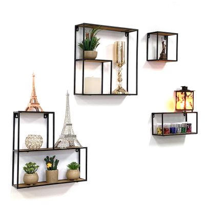 allgala 4-PC Set Wall Mount Creativity Black Metal Frame Wood Finish Floating Shelves