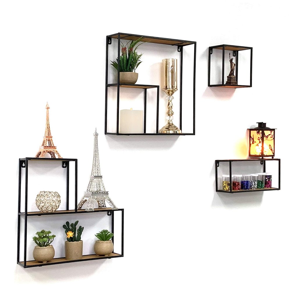 allgala 4-PC Set Wall Mount Creativity Black Metal Frame Wood Finish Floating Shelves