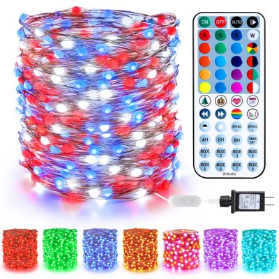 BrizLabs July 4th Fairy Lights, 66ft 200 LED Color Changing Fairy Lights with Remote, Plugin Red White Blue Twinkle Light RGB Rainbow Starry Xmas Light Music Sync for Xmas Halloween Home Party Wedding