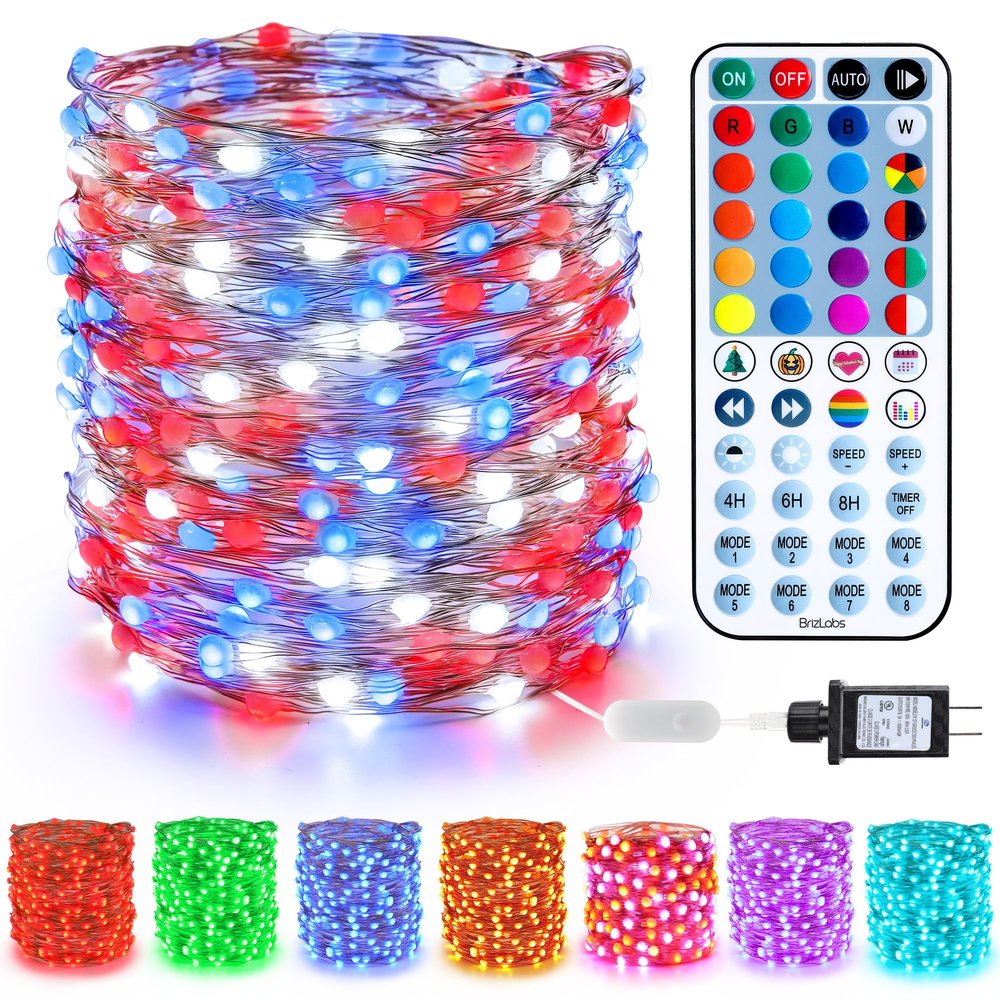 BrizLabs July 4th Fairy Lights, 66ft 200 LED Color Changing Fairy Lights with Remote, Plugin Red White Blue Twinkle Light RGB Rainbow Starry Xmas Light Music Sync for Xmas Halloween Home Party Wedding