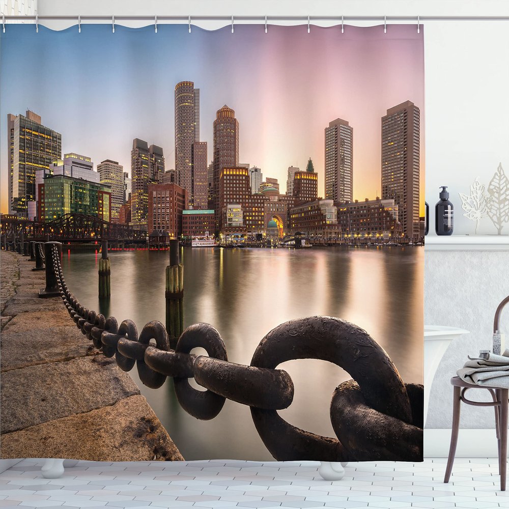 Ambesonne Massachusetts Shower Curtain, Fan Pier Park with Boston City Skyline Modern Urban Life Themed Design Print, Cloth Fabric Bathroom Decor Set with Hooks, 69" W x 70" L, Soft Blue Mauve