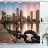 Ambesonne Massachusetts Shower Curtain, Fan Pier Park with Boston City Skyline Modern Urban Life Themed Design Print, Cloth Fabric Bathroom Decor Set with Hooks, 69" W x 70" L, Soft Blue Mauve view 1