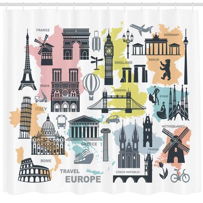 Ambesonne Travel Shower Curtain, Travel Europe Themed Landmark Silhouettes and Colorful Maps Print, Cloth Fabric Bathroom Decor Set with Hooks, 69" W x 75" L, Purpleblue Multicolor