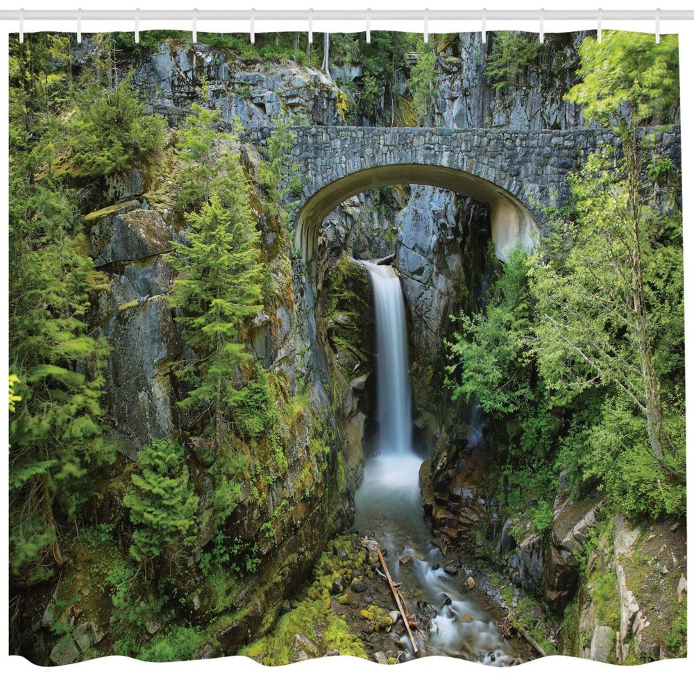 Ambesonne Mt Rainier Shower Curtain, Scenery Photo Christine Falls in Mount Rainier National Park America Picturesque, Cloth Fabric Bathroom Decor Set with Hooks, 69" W x 84" L, Sepia Green