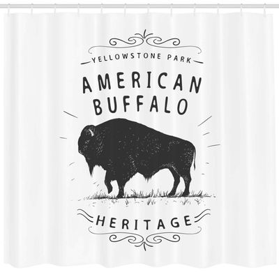 Ambesonne Buffalo Shower Curtain, Heritage Animal American Bison Yellowstone National Park Plain Background, Cloth Fabric Bathroom Decor Set with Hooks, 69" W x 84" L, Charcoal Grey White