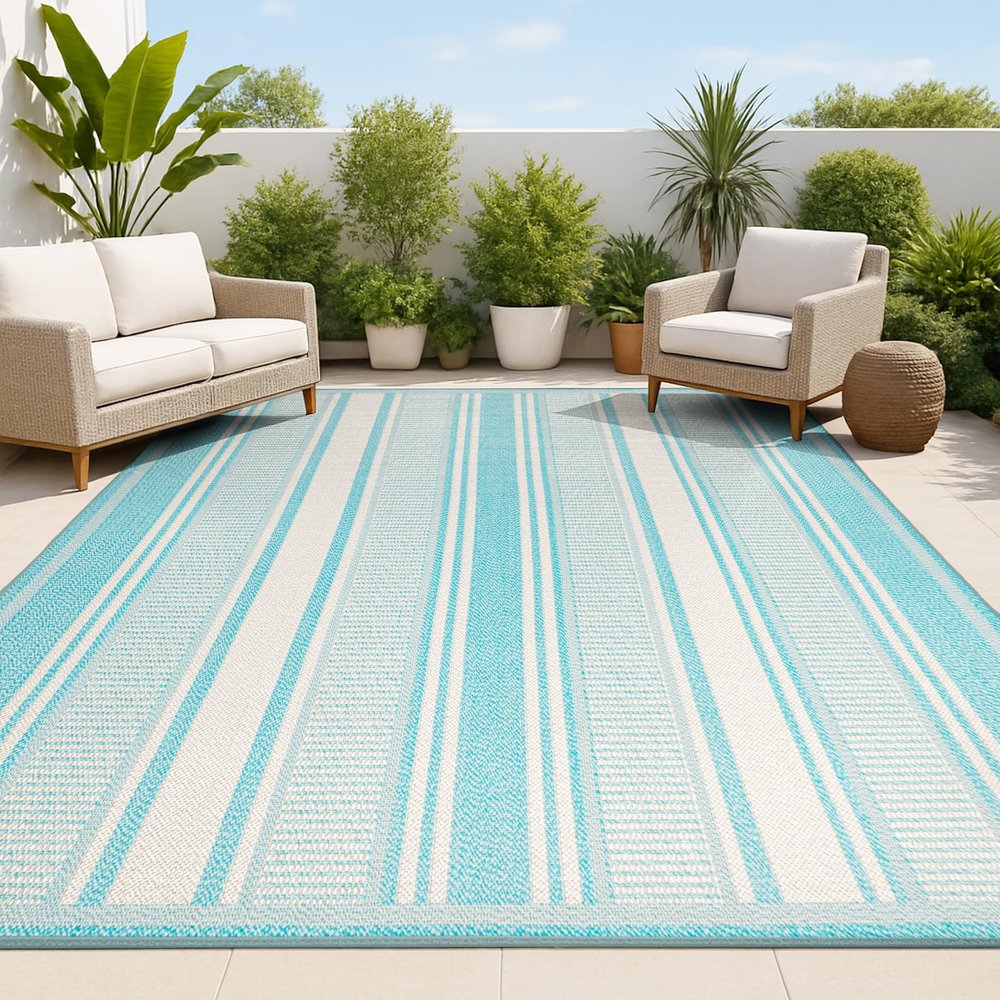 JONATHAN Y Double Stripe Indoor Outdoor Area Rug 3X5 Aqua/Beige, Haynes Modern for Backyard, Patio, Porch, Easy-Cleaning, High Traffic, Pet-Friendly, Non-Shedding (SMB202A-3)