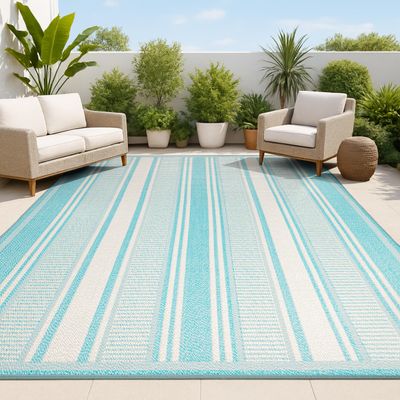 JONATHAN Y Double Stripe Indoor Outdoor Area Rug 5X8 Aqua/Beige, Haynes Modern for Backyard, Patio, Porch, Easy-Cleaning, High Traffic, Pet-Friendly, Non-Shedding (SMB202A-5)