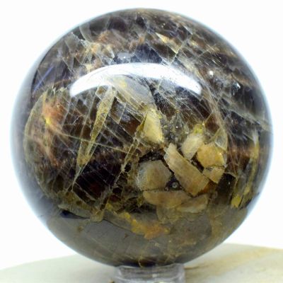 2.3" 275g Black Yellow Orange Moonstone Sphere Polished Natural Sparkling Feldspar Gemstone Crystal Mineral Collectible Dcor Ball - Madagascar + Stand