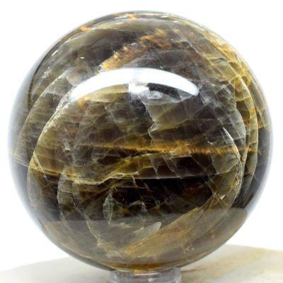 2.3" 270g Sparkling Black w/Orange Moonstone Sphere Polished Natural Labradorescence Feldspar Gemstone Crystal Mineral Ball - Madagascar + Stand