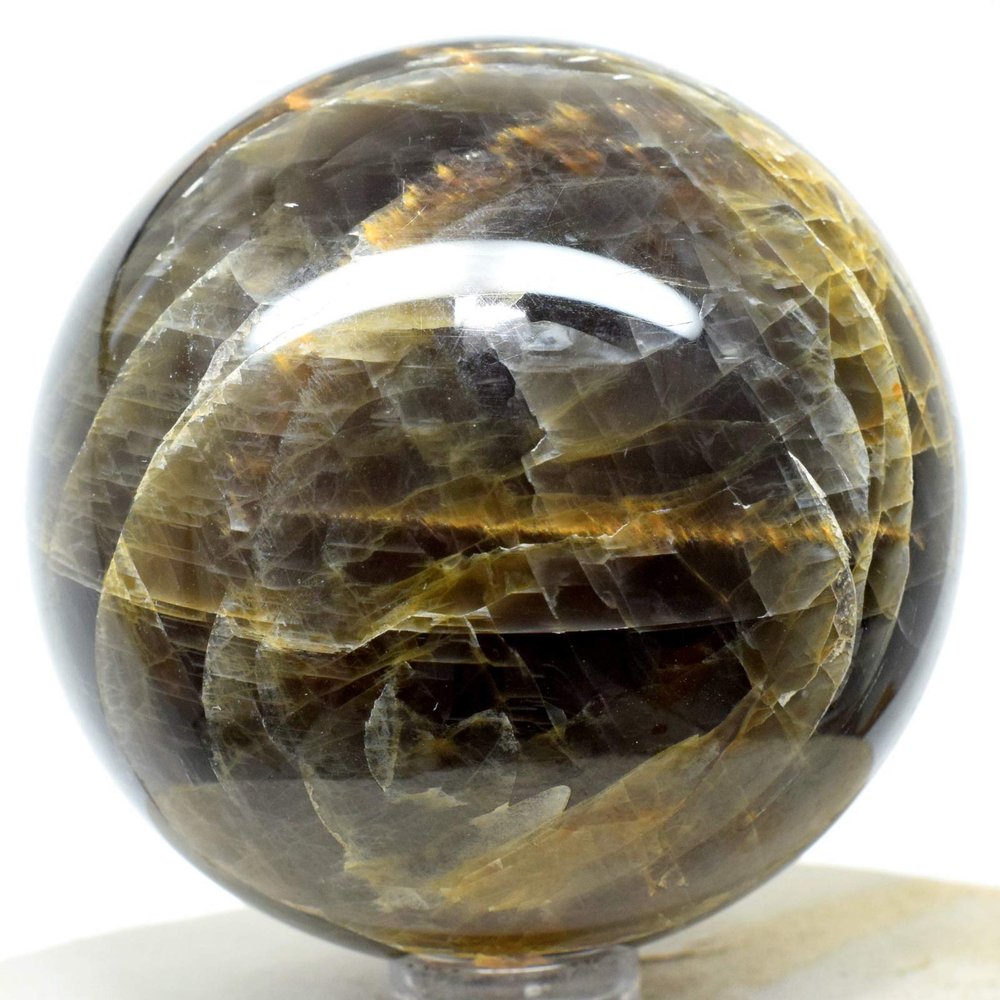 2.3" 270g Sparkling Black w/Orange Moonstone Sphere Polished Natural Labradorescence Feldspar Gemstone Crystal Mineral Ball - Madagascar + Stand